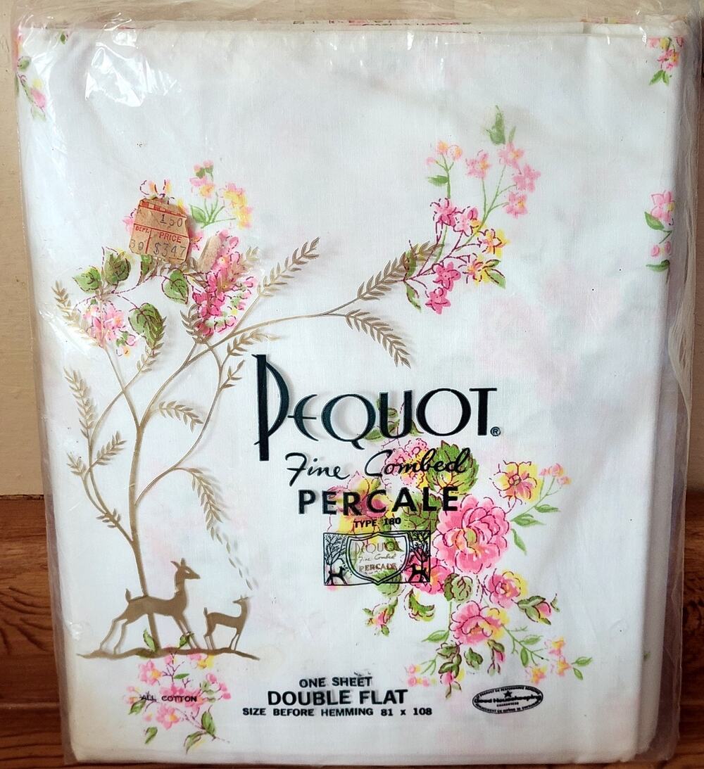 FLAW PEQUOT Double Flat Sheet 81x108 Fine Combed Percale Cotton Deer Floral VTG